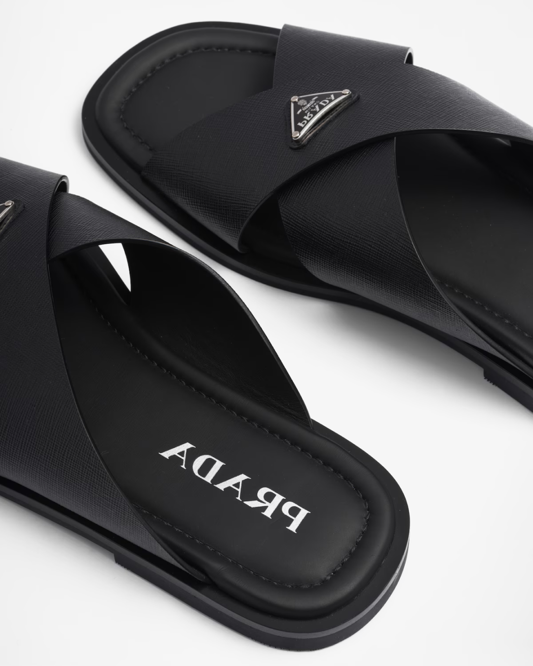 Prada Men's Black Crisscross Logo-Triangle Leather Sandals