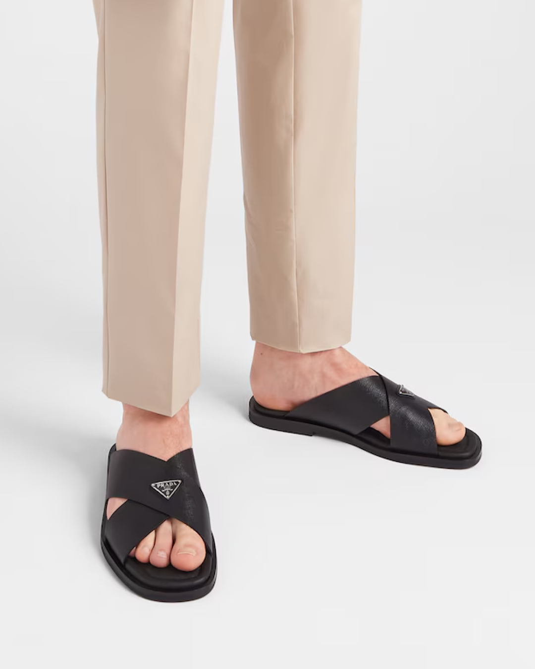 Prada Men's Black Crisscross Logo-Triangle Leather Sandals