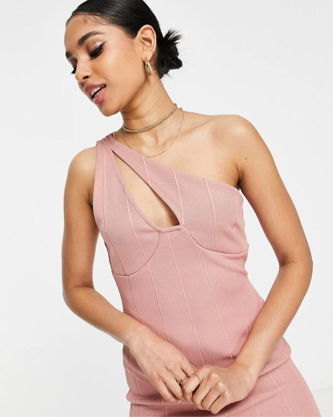 Miss Selfridge One Shoulder Bandage Dress in Camel-Pink