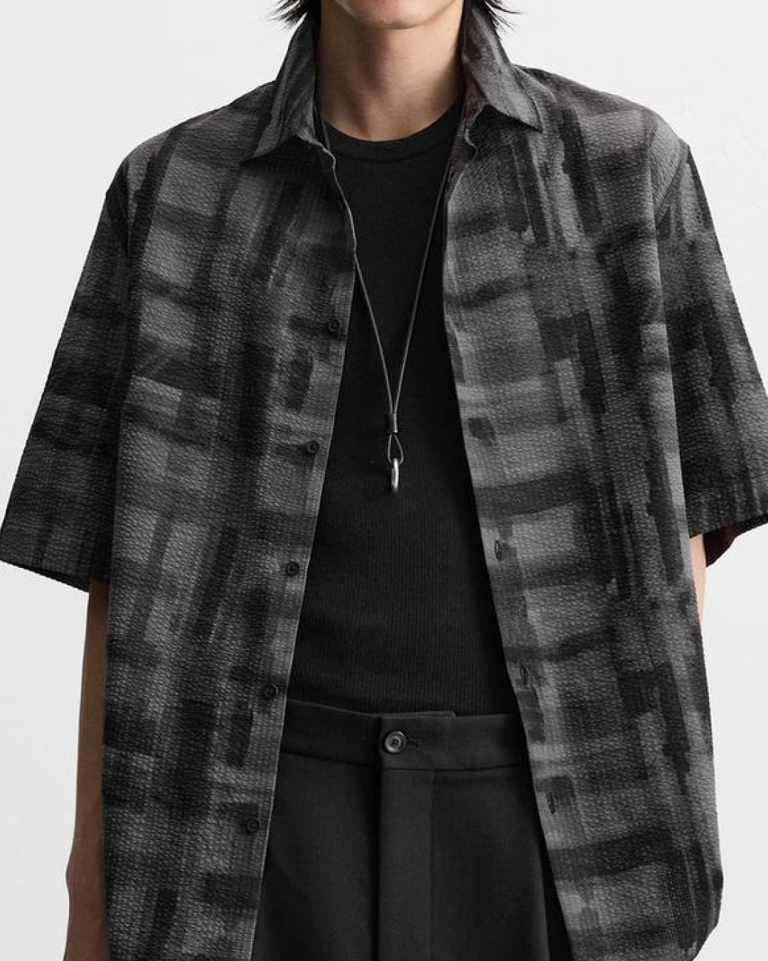 ZARA Abstract Print Seersucker Shirt in Black and White