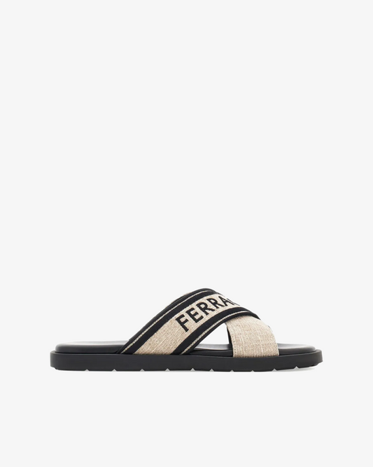 Ferragamo Crossover-Strap Cotton "Light Beige/Black" Sandals