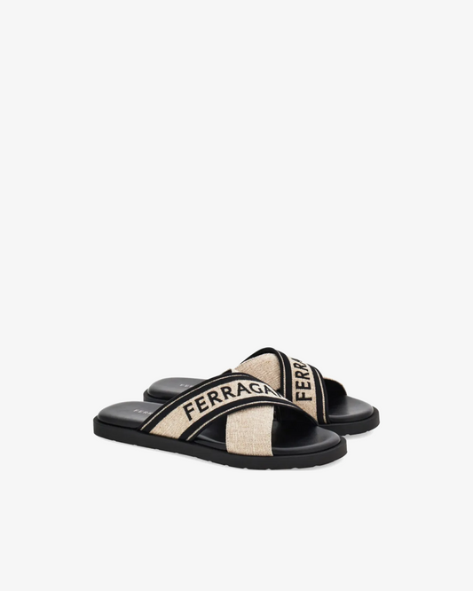 Ferragamo Crossover-Strap Cotton "Light Beige/Black" Sandals