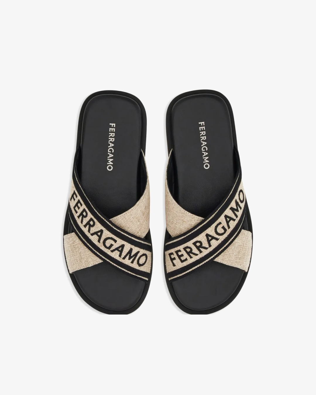 Ferragamo Crossover-Strap Cotton "Light Beige/Black" Sandals