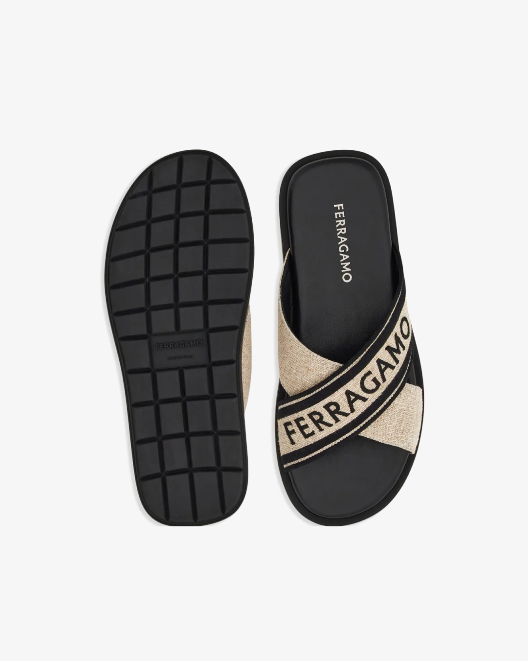 Ferragamo Crossover-Strap Cotton "Light Beige/Black" Sandals