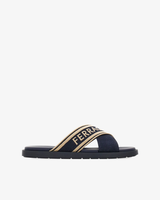 Ferragamo Crossover-Strap Cotton "Midnight Blue" Sandal
