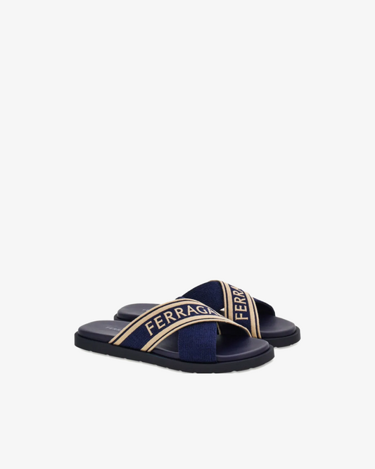 Ferragamo Crossover-Strap Cotton "Midnight Blue" Sandal