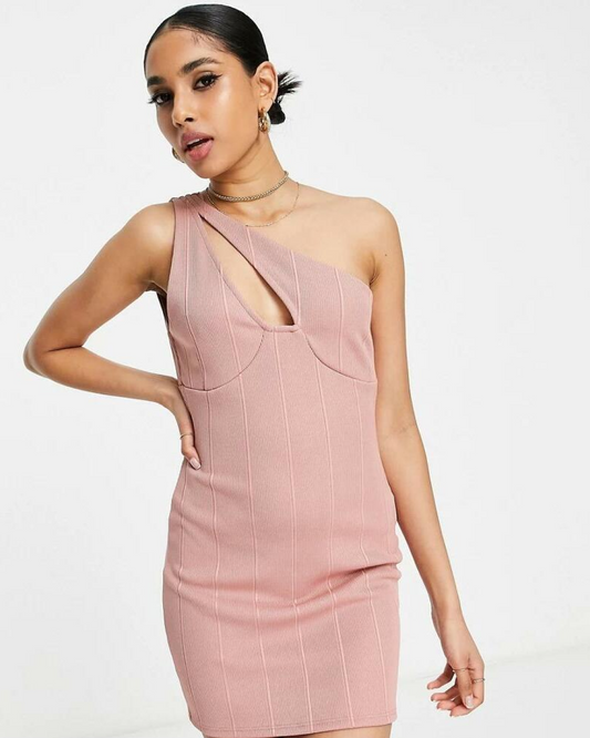 Miss Selfridge One Shoulder Bandage Dress in Camel-Pink