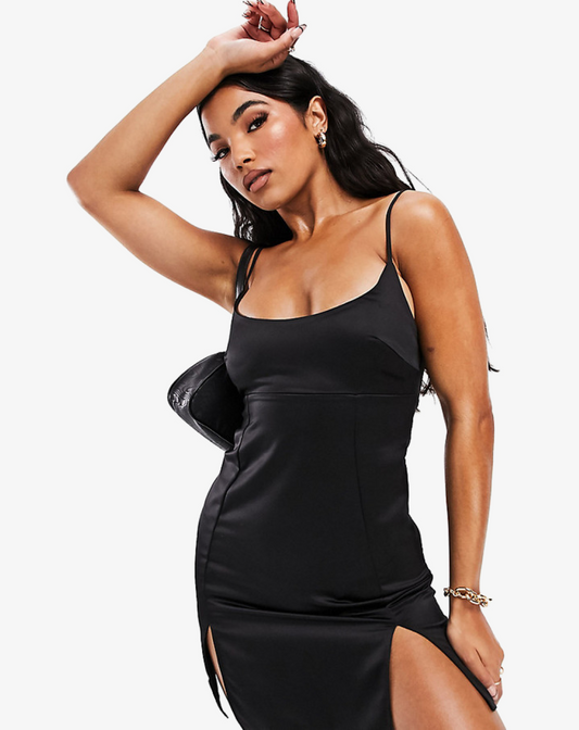 AsYou Satin Square Neck Cami Mini Dress with Slit Front in Black