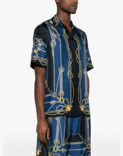 Versace Nautical-Print Short-Sleeve Silk Shirt