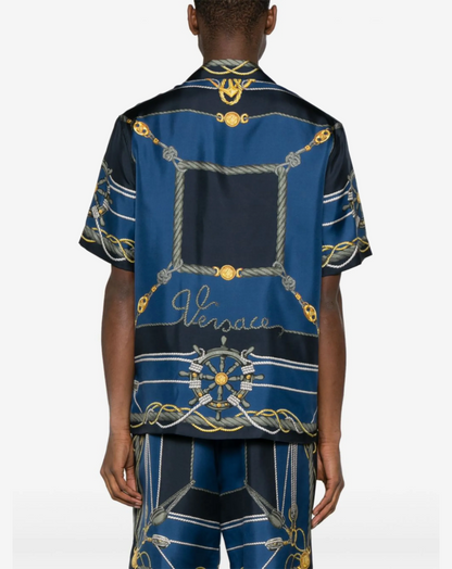 Versace Nautical-Print Short-Sleeve Silk Shirt