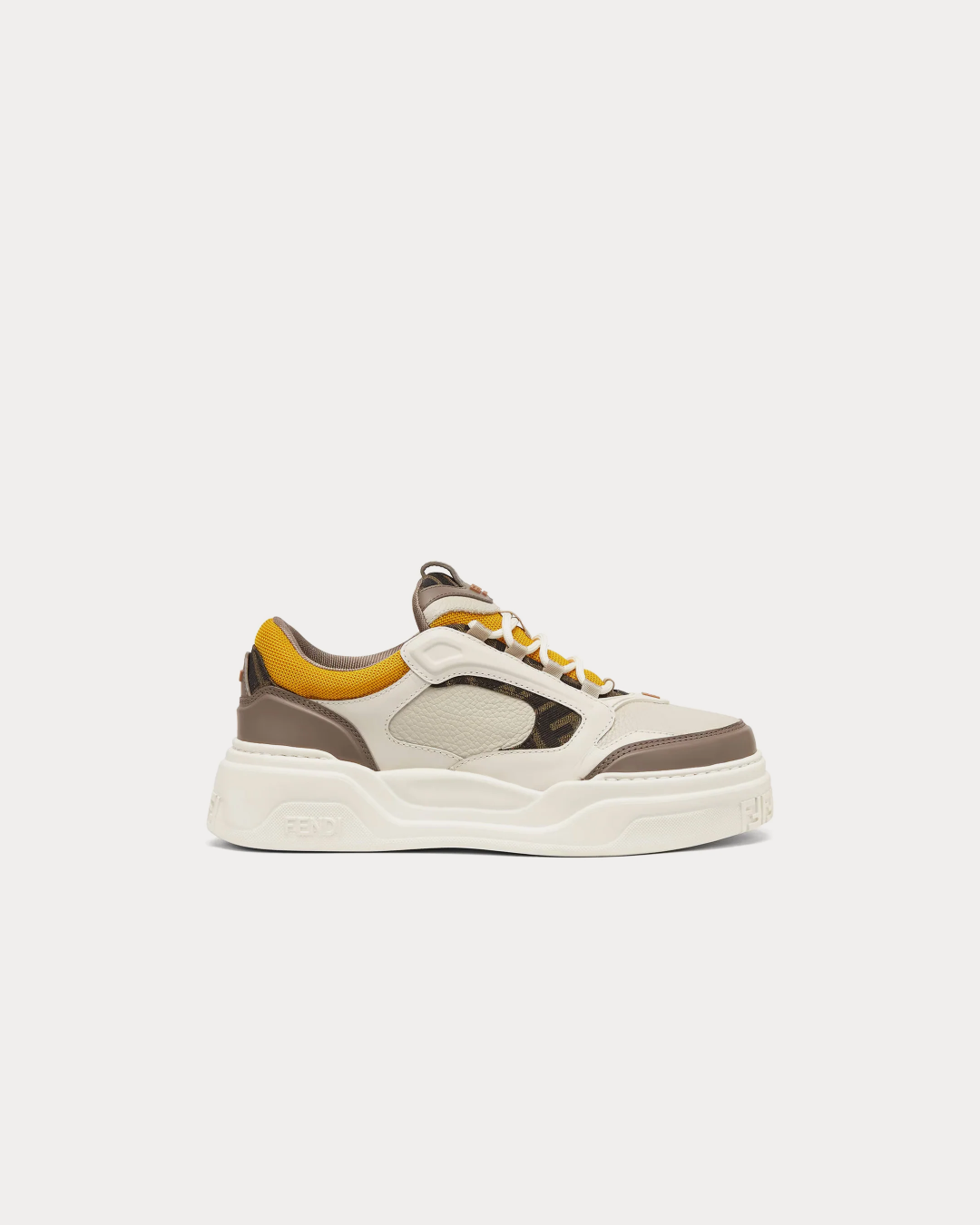 Fendi Force Trainers in White, Brown and Yellow Leather Low-Top