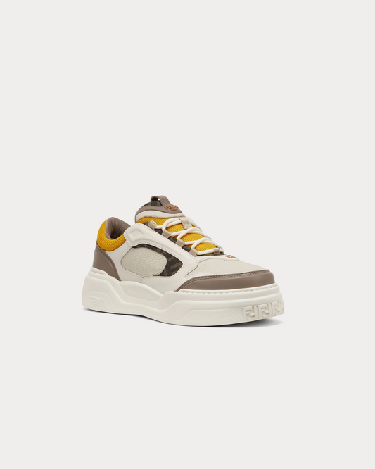 Fendi Force Trainers in White, Brown and Yellow Leather Low-Top