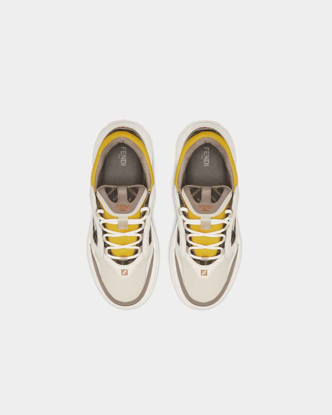 Fendi Force Trainers in White, Brown and Yellow Leather Low-Top