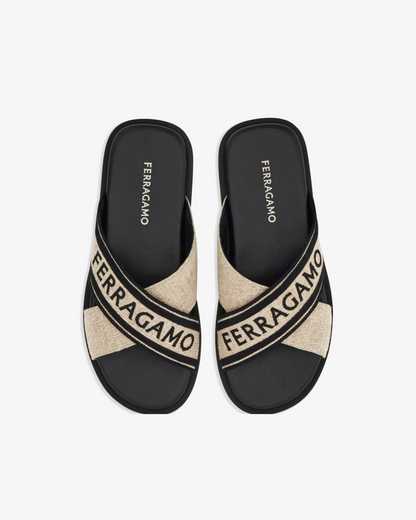 Ferragamo Crossover-Strap Cotton "Light Beige/Black" Sandals