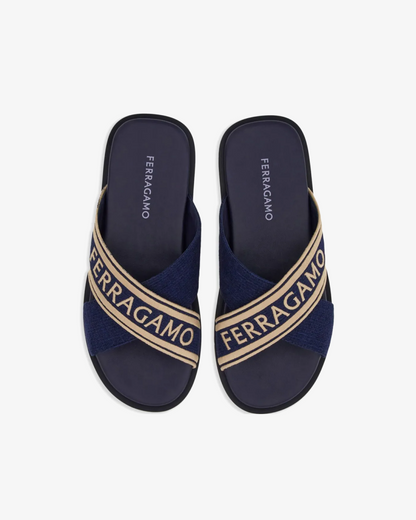Ferragamo Crossover-Strap Cotton "Midnight Blue" Sandal
