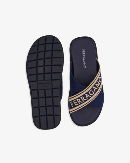 Ferragamo Crossover-Strap Cotton "Midnight Blue" Sandal