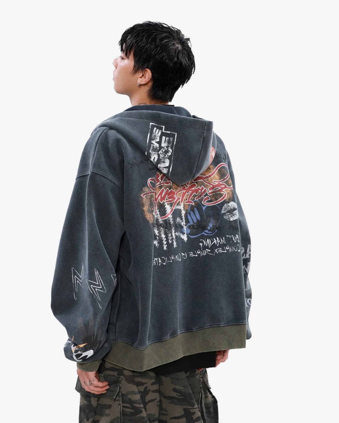 Street Graffiti Print Loose Zip-up Hoodie "Blue"