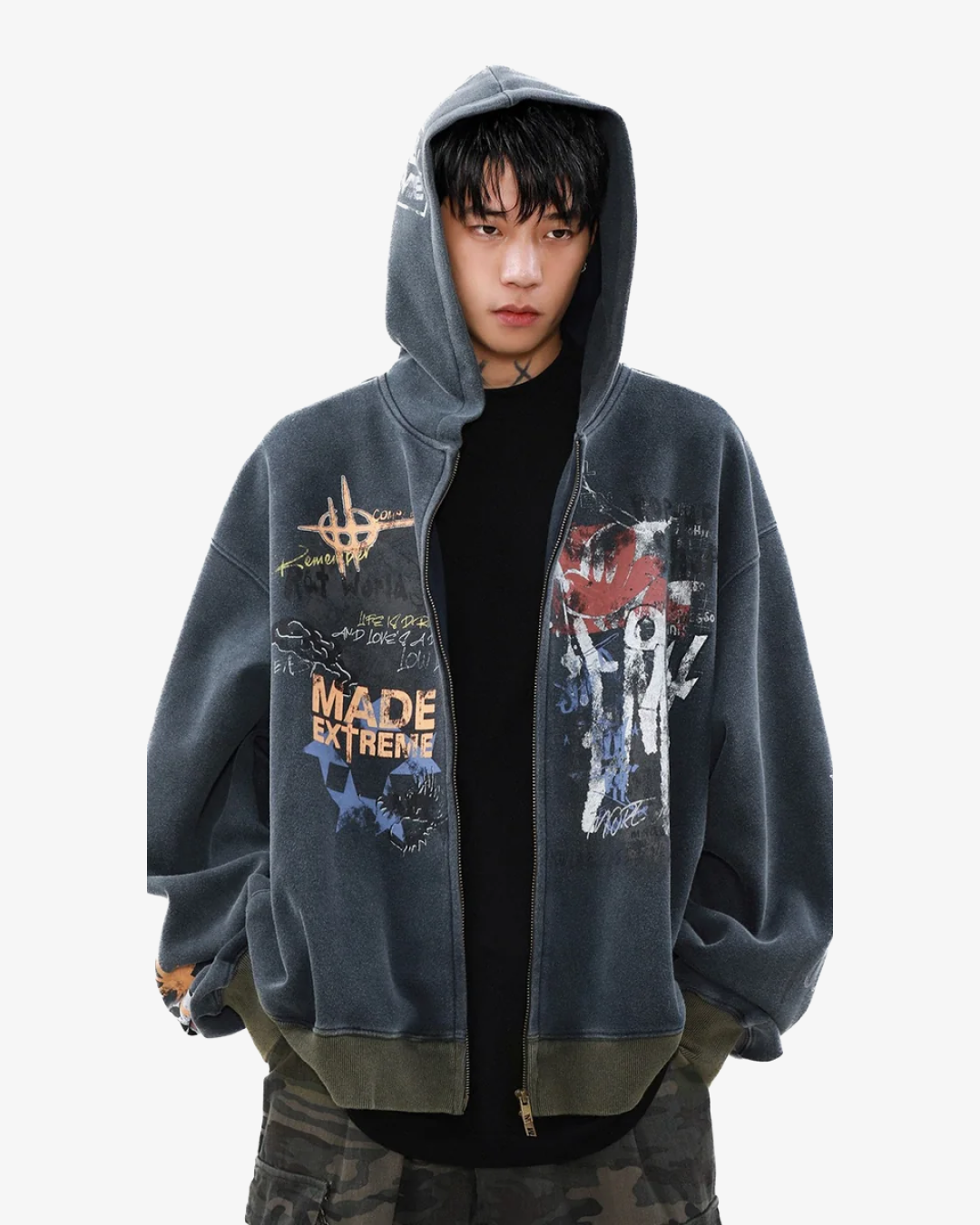 Street Graffiti Print Loose Zip-up Hoodie "Blue"